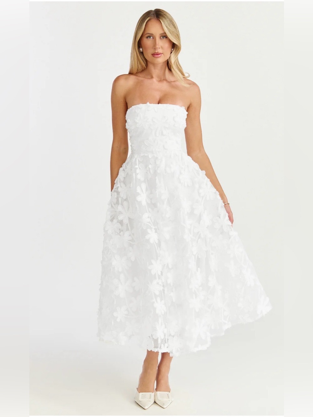 NWT Angel Biba White Strapless Floral Appliqué Midi Dress Large